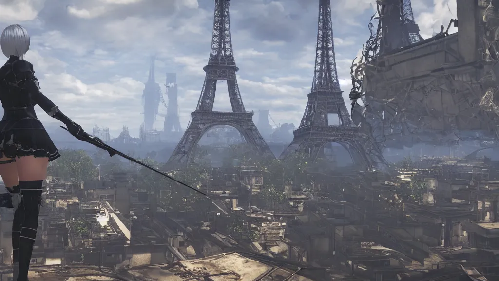 Image similar to Screenshot from Nier Automata, near the Eiffel tower in Paris