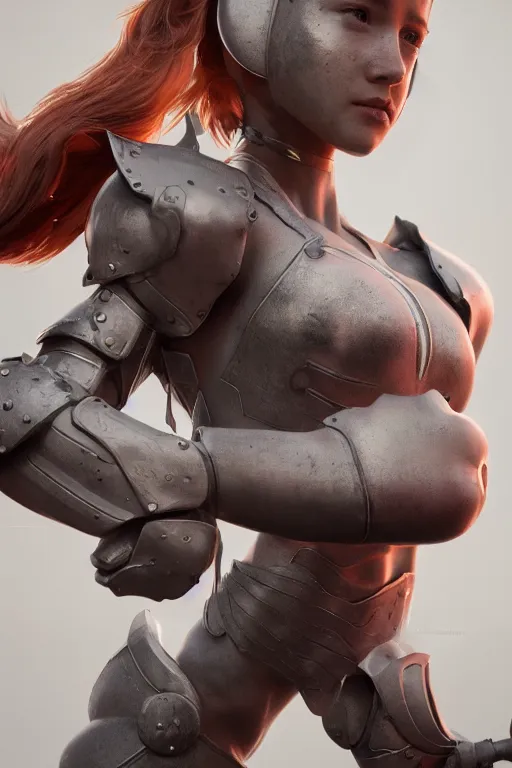 Image similar to a highly detailed sculpt of athletic girl in armor, concept design, cinematic light, featured on artstation, octane render, path tracing, sharp focus, 4 k