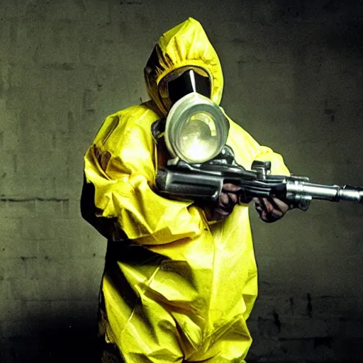 Image similar to a man wearing a hazmat suit and gasmask holding a revolver, film still, cinematic, enhanced