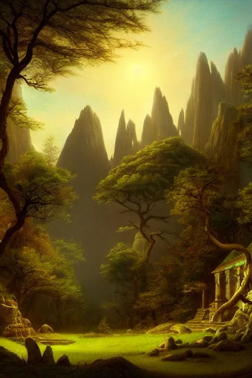 Prompt: fantasy landscape with elven temple in a forest, calm serene atmosphere, in the style of hudson river school