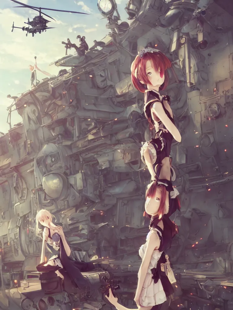 Image similar to Epic scene of a beautiful anime girl, Alice in Wonderland style, standing in front of a cyborg repair shop, while a futuristic military helicopter flies overhead, by Greg Rutkowski and Krenz Cushart and Pan_Ren_Wei and Hongkun_st and Bo Chen and Enze Fu and WLOP and Alex Chow, Madhouse Inc., anime style, crepuscular rays, Alice in Wonderland with a futuristic cyberpunk Tokyo street theme, dapped light, dark fantasy, cgsociety, trending on artstation