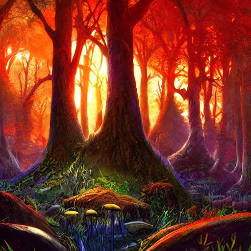 Image similar to bright, colorful, realistic, detailed from Elder Scrolls: shivering isles concept art mushroom forest backlighting, kodachrome, high contrast, highly detailed, sharp focus, digital painting, concept art, illustration, trending on artstation, comic book by Alex Ross and Adam Adamowicz cover art