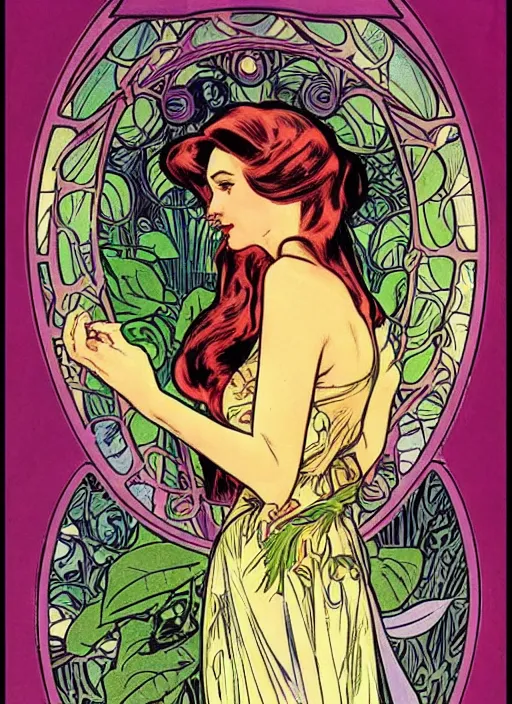 Image similar to a beautiful young woman. she is a flower fairy. well composed, clean elegant painting, beautiful detailed face. retro comic book art by steve ditko and jack kirby and ( alphonse mucha )