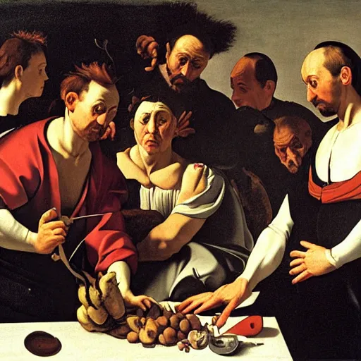 Prompt: doctors doing a operation on a cartoonish banana, caravaggio