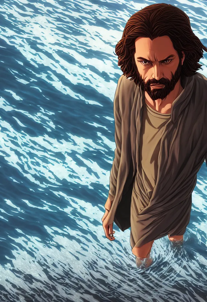 Image similar to a portrait of jesus walking on water by dan mumford, yusuke murata and makoto shinkai, 8k, cel shaded, unreal engine, featured on artstation, pixiv