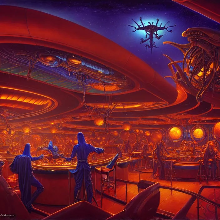 Prompt: a bar at an alien casino, tim hildebrandt, wayne barlowe, bruce pennington, donato giancola, larry elmore, oil on canvas, masterpiece, trending on artstation, featured on pixiv, cinematic composition, dramatic pose, beautiful lighting, sharp, details, hyper - detailed, hd, hdr, 4 k, 8 k