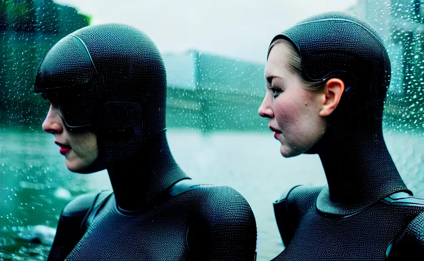 Image similar to cinestill 5 0 d candid action photographic portrait by christopher nolan of two loving female androids wearing rugged black mesh techwear in treacherous waters, extreme closeup, modern cyberpunk retrofuturism moody emotional cinematic, pouring iridescent rain, 8 k, hd, high resolution, 3 5 mm, f / 3 2, motion blur, ultra realistic faces, ex machina