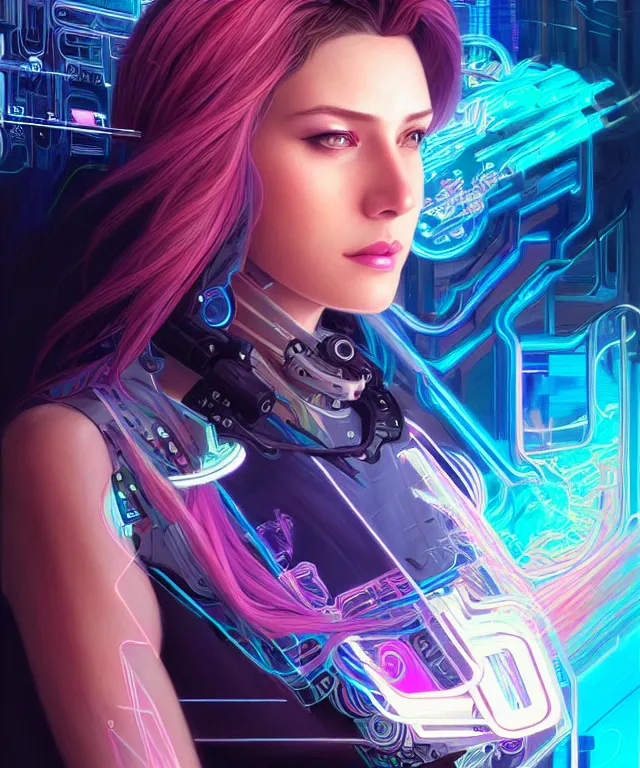 Image similar to beautiful adult woman wearing netrunner clothing, extremely detailed face, cyberpunk, cybernetic, cyborg, vaporwave aesthetic, synthwave, flowing hair, colorful, psychedelic, intricate, elegant, highly detailed, digital painting, artstation, concept art, smooth, sharp focus, illustration, art by artgerm and greg rutkowski and alphonse mucha