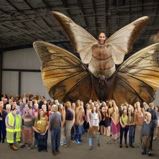 Image similar to a group of people gathered in a warehouse, worshipping a giant moth, highly detailed, 8 k, realistic,