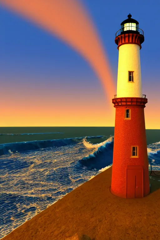 Image similar to highly detailed lighthouse with heavy waves at sunset, global illumination, god rays, detailed and intricate environment, 8 k