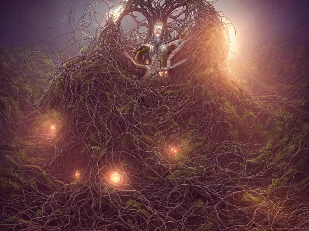 Prompt: a centered render of an goddess entangled in an alien bio - organic landscape adorned with cables and synthesizer parts is surrounded by sacred geometry, bio - mech tree roots, powerful, cinematic, beautifully lit, by artgerm, by h. r. giger, 3 d, trending on artstation, octane render, 8 k