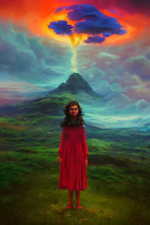 Image similar to closeup giant dahlia flower as the head, girl standing on mountain, surreal photography, blue storm clouds, dramatic light, impressionist painting, digital painting, artstation, simon stalenhag