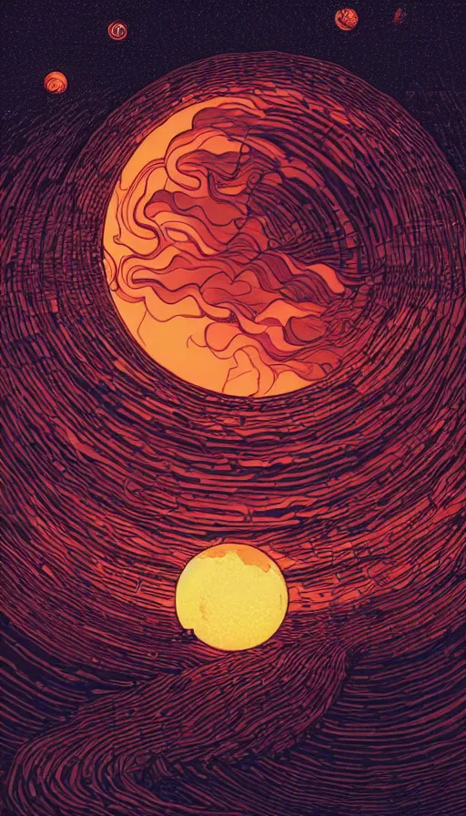 Image similar to harvest copper moon floating on cosmic maelstrom sky at sunset, futurism, dan mumford, victo ngai, kilian eng, da vinci, josan gonzalez