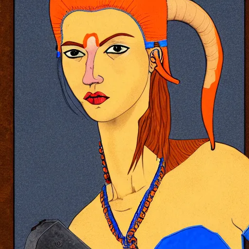 Image similar to illustrated portrait of skinny prominently ram-horned woman with orange skin and blue hair wearing leather armor, hyper detailed, photorealistic