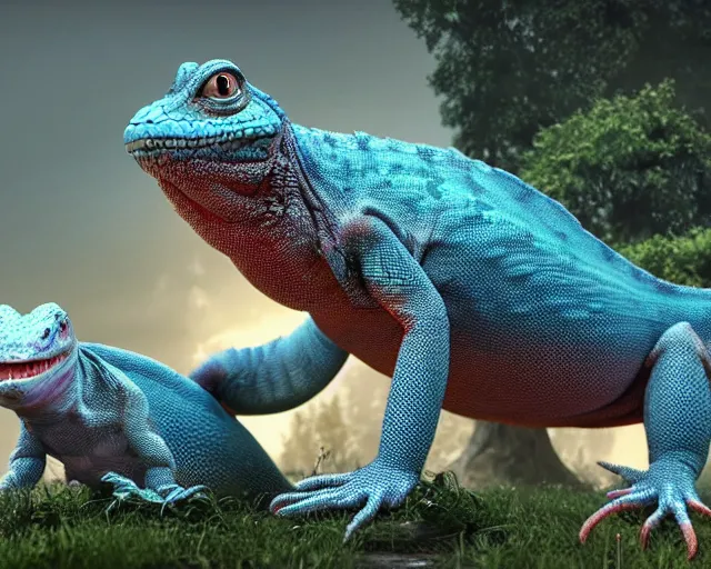 Image similar to of a very beautiful scene. ambient occlusion render. a sweet fat old woman is giving birth to a huge colorful lizard. hyper realistic. 4 k. wide angle. wild. symmetrical face, red mouth, blue eyes. deep focus, lovely scene. ambient occlusion render. concept art. unreal engine.