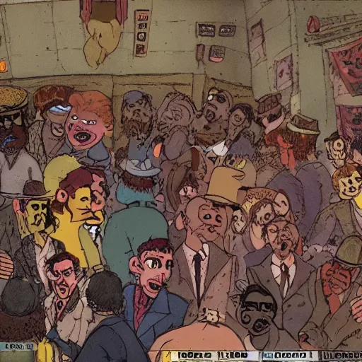 Image similar to Bakshi style film cell of a crowded tavern. animation