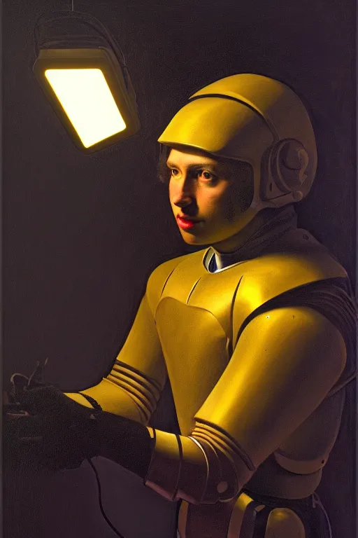 Image similar to portrait of a man with a biomechanic armor and neon light by Vermeer, dramatic lighting, highly detailed, trending on artstation