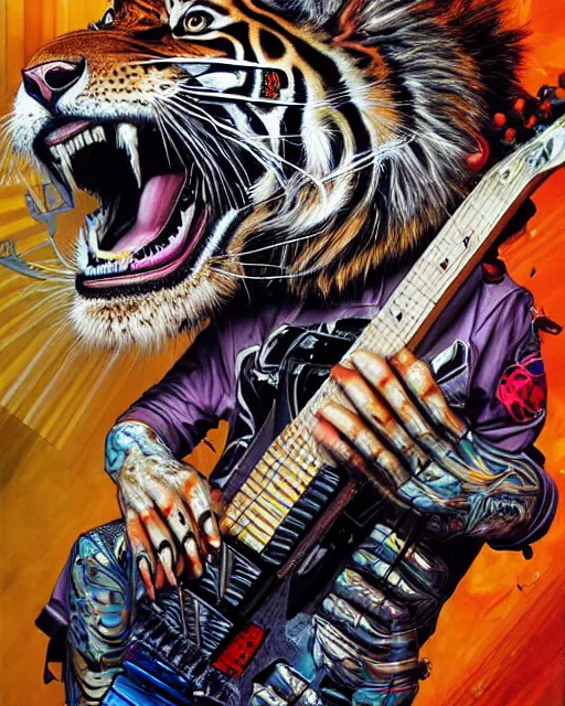 Image similar to a portrait of an anthropomorphic cyberpunk roaring tiger shredding an electric guitar as the guitar melts by sandra chevrier, by jon foster, detailed render, tape deck, epic composition, cybernetics, 4 k realistic, cryengine, realistic shaded lighting, sharp focus, masterpiece, by enki bilal