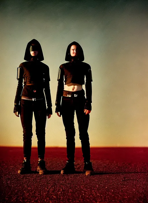 Image similar to cinestill 5 0 d photographic portrait of two loving female androids wearing rugged black techwear on a desolate plain with a red sky, extreme closeup, lizard on ground, cyberpunk style, in front of a brutalist dark metal facility, dust storm, 8 k, hd, high resolution, 3 5 mm, f / 3 2, ultra realistic faces