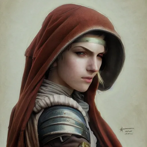 Image similar to portrait of a hooded young female steampunk fighter, headshot, hyper realistic, pale skin, 4k, rule of thirds, extreme detail, detailed drawing, trending artstation, hd, fantasy, D&D, realistic lighting, by Alphonse Mucha, Greg Rutkowski, sharp focus, backlit, elegant