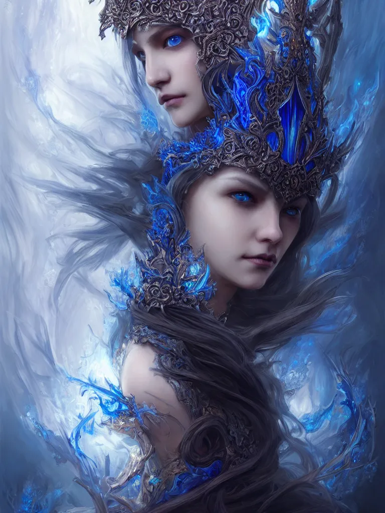 Prompt: A beautiful fantasy assassin, highly detailed portrait, detailed intricate fractal gothic crown, blue flame, fractal silk, epic composition, ultra wide-shot, concept art, beautifully lit, digital painting, smooth, character design, sharp focus, elegant, intricate, post processing, artstation, by WLOP, ruan jia, Alexi zaitsev, Denis sarazhin