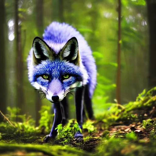 Prompt: A blue Fox in a lush forest, 8k, hyper realistic, high detail nature photography, beautiful lighting