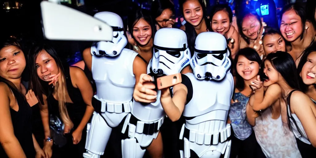 Prompt: storm trooper taking a selfie with a group of girls at a bar in bangkok thailand at night