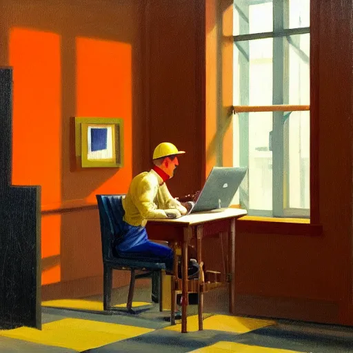 Image similar to A fine art painting of a man wearing Vr goggles dressed in orange overalls and creating the metaverse at a desk with screens, view through a window on a British street. In the style of Edward Hopper and Wes Anderson