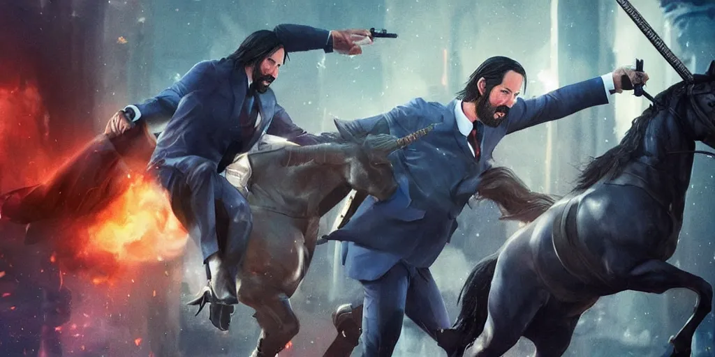 Prompt: Keanu Reaves riding a unicorn, a still over the shoulder from behind shot from John Wick 2, shooting a gun at a man dressed in a Mario Luigi costume, epic fantasy style, digital art