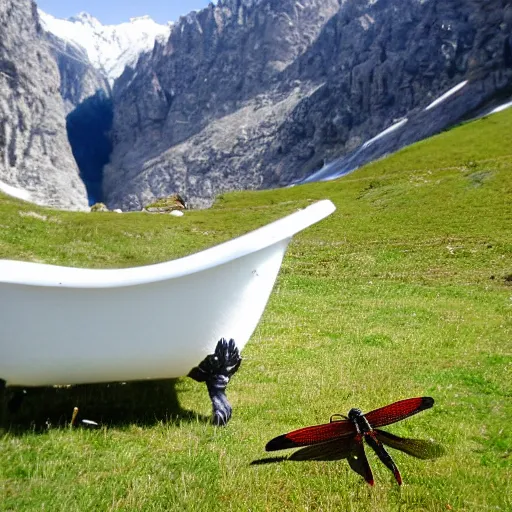 Image similar to dragonfly in a bathtub in the alps, goats!! in background