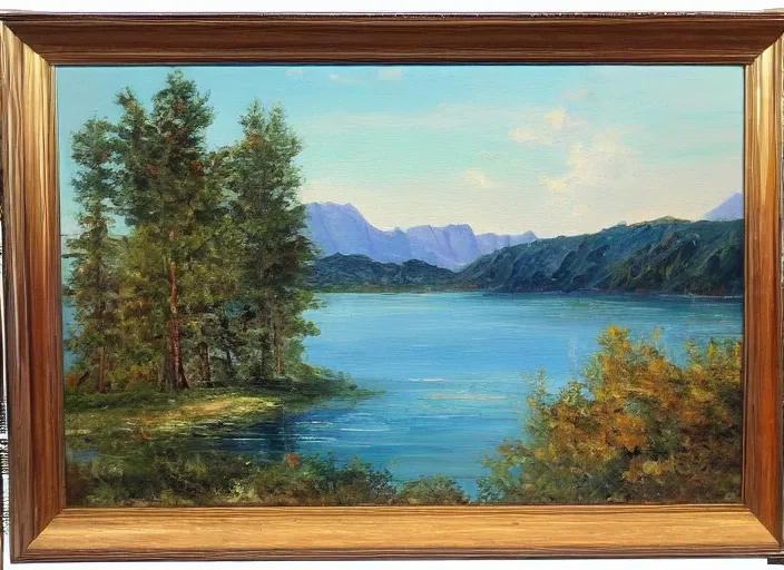 Image similar to yacht at a lake near the shore with tree hills, oil painting, detailed