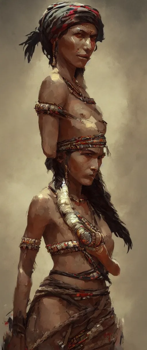 Image similar to A painting of a tribal woman trending on artstation in the style of Greg Rutkowski