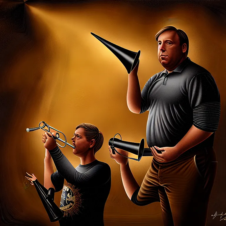 Image similar to epic professional digital art of alex jones holding a bullhorn, atmospheric lighting, painted, intricate, detailed, by leesha hannigan, wayne haag, reyna rochin, ignacio fernandez rios, mark ryden, iris van herpen.