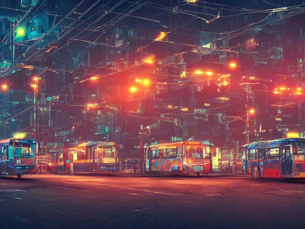 Prompt: trolleybus stands at a stop, headlights shine with neon light, atmospheric, futuristic, cyberpunk, ray tracing global illumination, 8 k resolution, ultra detailed