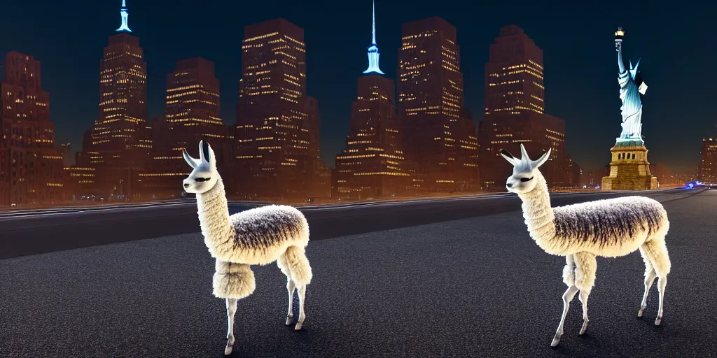 Image similar to a llama walking through a desolate manhattan city street at night, statue of liberty seen in the background, realistic 4 k octane beautifully detailed render, 4 k post - processing, highly detailed, detailed face, intricate complexity, epic composition, magical atmosphere, cinematic lighting, masterpiece, color picture, ultra hd