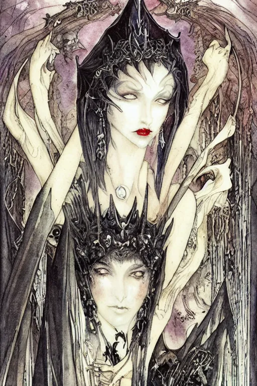 Prompt: dark vampire queen closeup face surrounded by bats, art by luis royo and walter crane and kay nielsen, watercolor illustration,