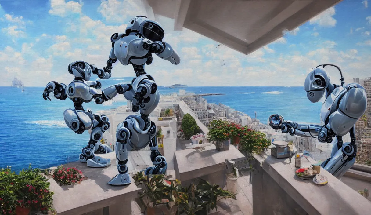 Image similar to an high resolution photo of a robot paiting a picture on a terrace over the sea, hyper detailed, photography, realistic, art, 8 k, unreal engine, cinematic, shallow focus, f 2. 8 3 5 mm, kodak film, 3 5 mm film