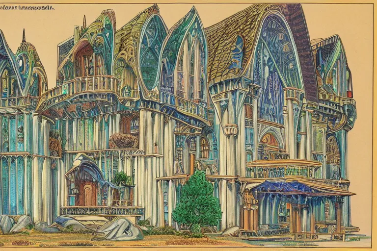 Prompt: scan page of encyclopedia color illustrations : : fantasy architecture, diagrams showing various fantasy architecture styles, insanely detailed, informative texts and graphs