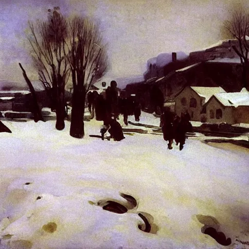 Prompt: A painting of a village during a snow storm, John Singer Sargent