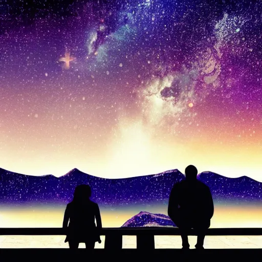 Image similar to a beautiful landscape showing mountains, stars and galaxies in the background. The silhouet of a young couple sits in the foreground, anime style