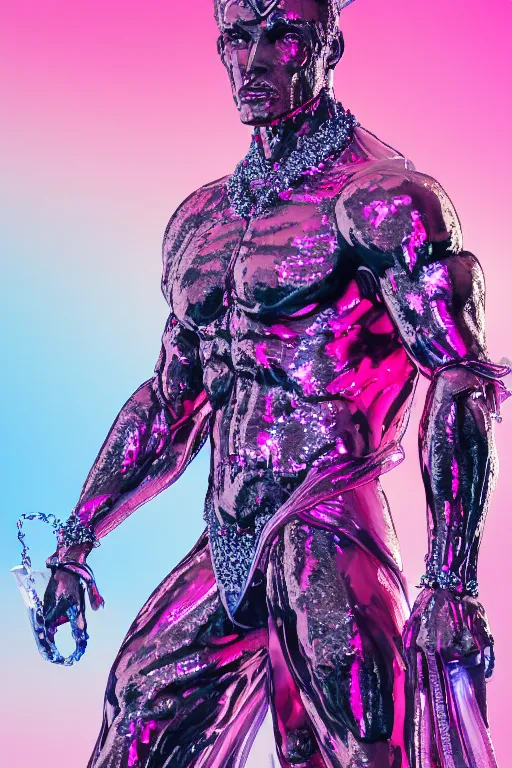 Prompt: hyper detailed ultra sharp fullbody photo of baroque and cyberpunk transparent pink gem sculpture of a muscular seductive muscular macho italian man feeling muy cachondo, muy dotado, iridescent humanoid deity wearing pink plastic seethrough cloak, holding a rainbow tiger gem, blue diamond, glowing pink face, crown of white diamonds, cinematic lighting, photorealistic, octane render 8 k