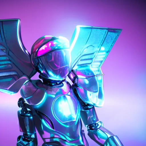 Image similar to robot paladin space warrior knight futuristic with glowing pink hologram angel wings, cinematic lighting, HD, high details, atmospheric