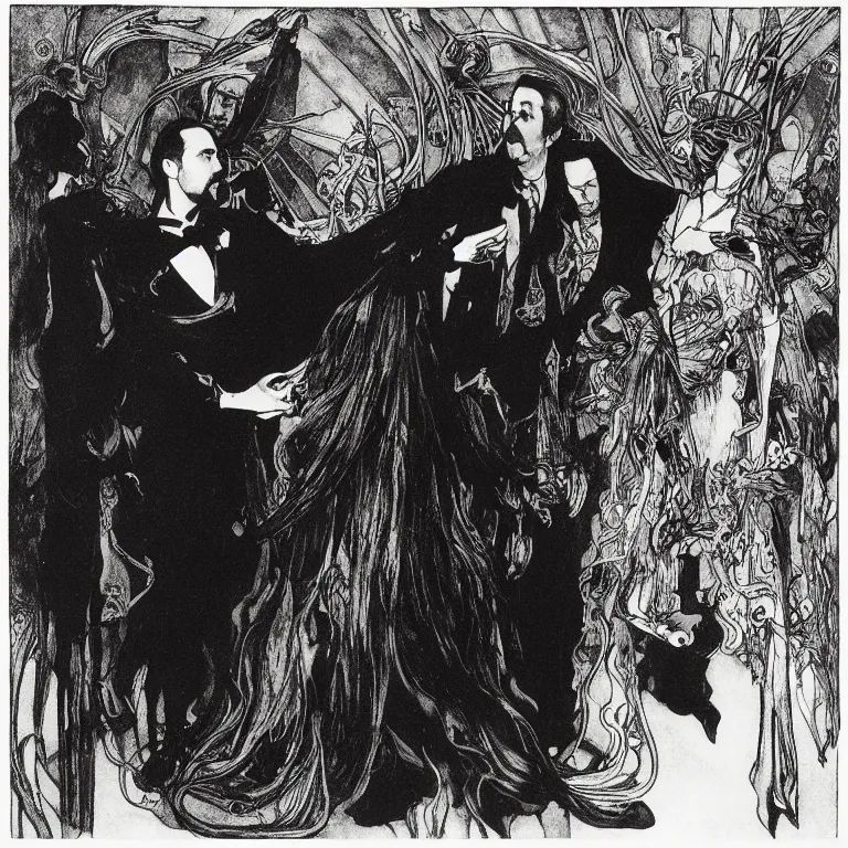 Image similar to nicholas cage stands in a black room with a black dress with a cut - out on the back, anton pieck, jean delville, amano, yves tanguy, alphonse mucha, ernst haeckel, edward robert hughes, stanisław szukalski and roger dean