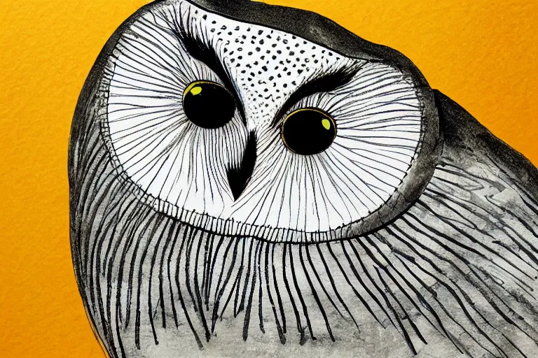 Prompt: beautiful serene owl, healing through motion, minimalistic golden ink aribrush painting on white background