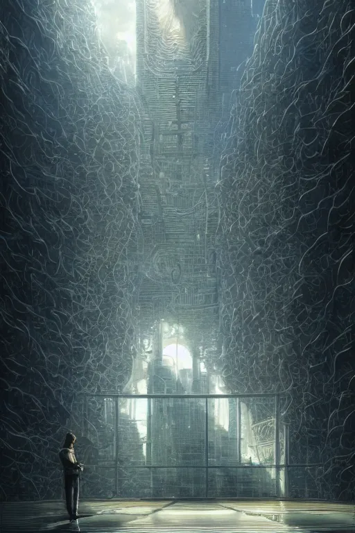 Image similar to a curly - haired persian guy begging to get into a futuristic building by david a hardy, noriyoshi ohrai, gary ruddell, ( greg rutkowski ), salvador dali, moebius, makoto shinkai, highly detailed, cinematic composition, trending on artstation