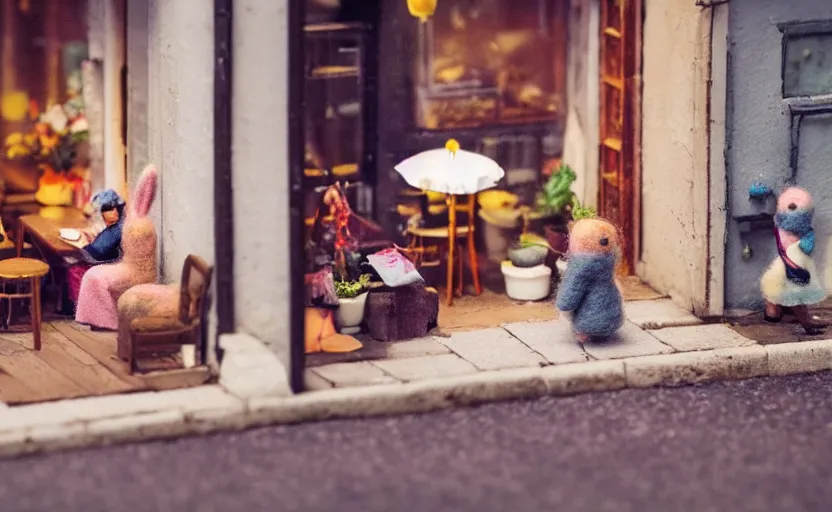 Image similar to miniature cafe diorama macro photography, cafe with felted bunnies, alleyway, ambient, atmospheric, british, cozy, bokeh, romantic