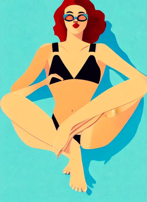 Image similar to portrait of a girl, in retro swimsuit, lying by the pool, minimalist illustration, flat colors, contrasting shadows art by anri matiss, maria medem, roberts rurans