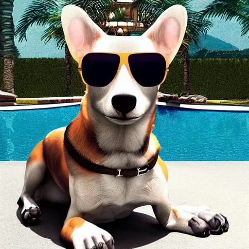 Prompt: A digital artwork piece of a chill dog, wearing sunglasses while sitting on a patio next to a pool by Greg Rutkowski, Thomas Kinkade, and Jason de Graaf, Trending on artstation, 8k quality