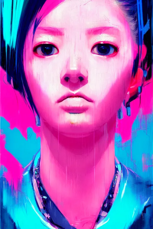 Image similar to portrait of a stylized japanese cyberpunk girl, painted in acrylic, pigment textures, in the colors hot pink and cyan, beautiful realistic face, rule of thirds, spotlight, by greg rutkowski, by jeremy mann, by francoise nielly, by van gogh, by ross tran, in focus