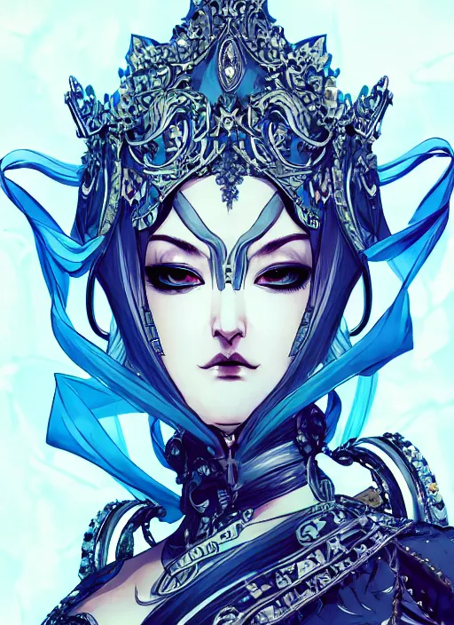 Prompt: half body portrait of a beautiful queen in an elaborate full - face mask and ornate pale blue dress, gray hair. in style of yoji shinkawa and hyung - tae kim, trending on artstation, dark fantasy, great composition, concept art, highly detailed, dynamic pose, vibrant colours.